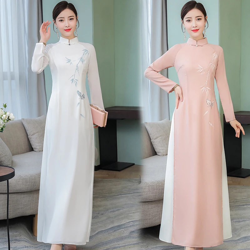 Вьетнамский Ао Дай платья Cheongsam народный стиль шифон Aodai Dulce стоячий воротник