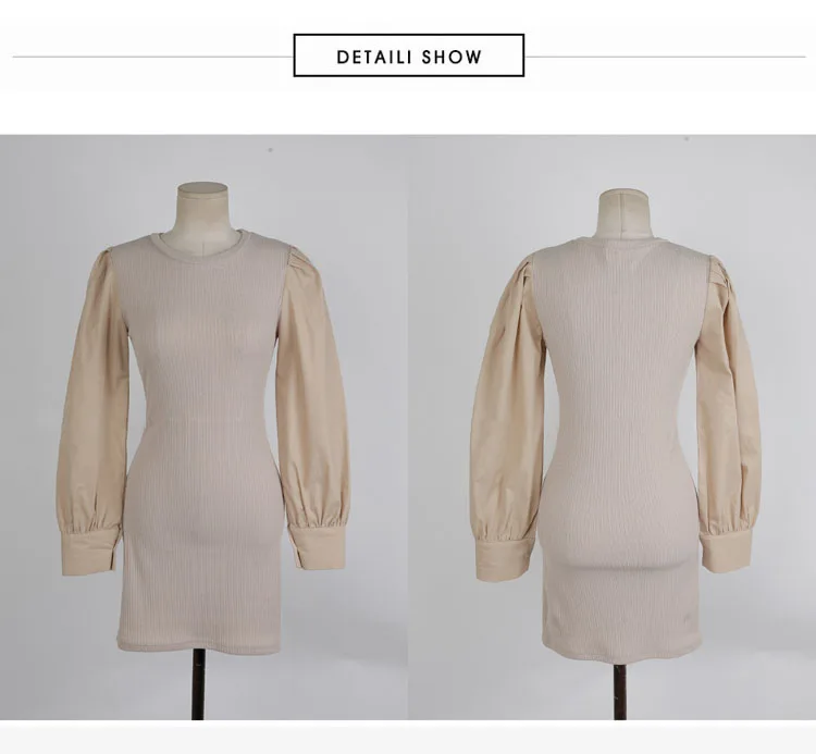 

2020 Autumn Slim Puff Long Sleeved Khaki Vestidos Mini Bodycon Sheath Sexy Knitted Female Dress