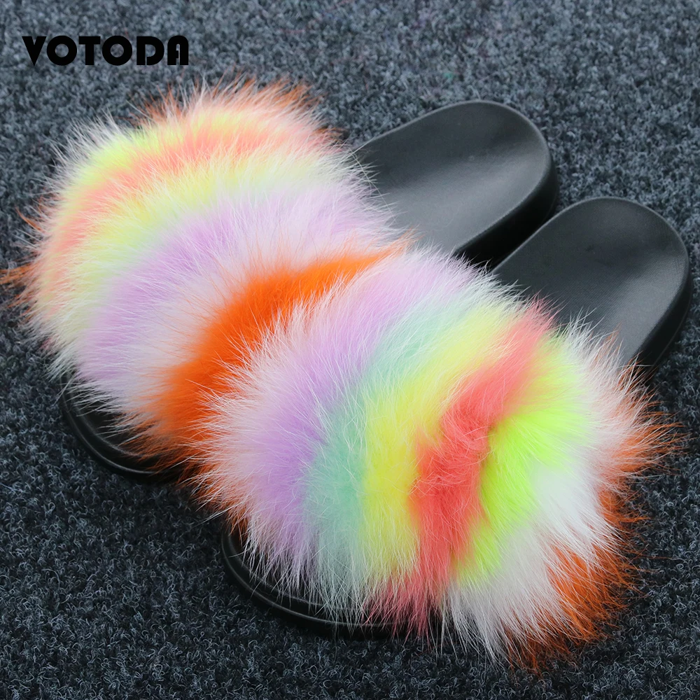 

Summer Raccoon Fur Slippers Women Fluffy Real Fox Hair Slides Furry Flip Flop Flat Outdoor Casual Sandal Cute Rainbow Plush Shoe