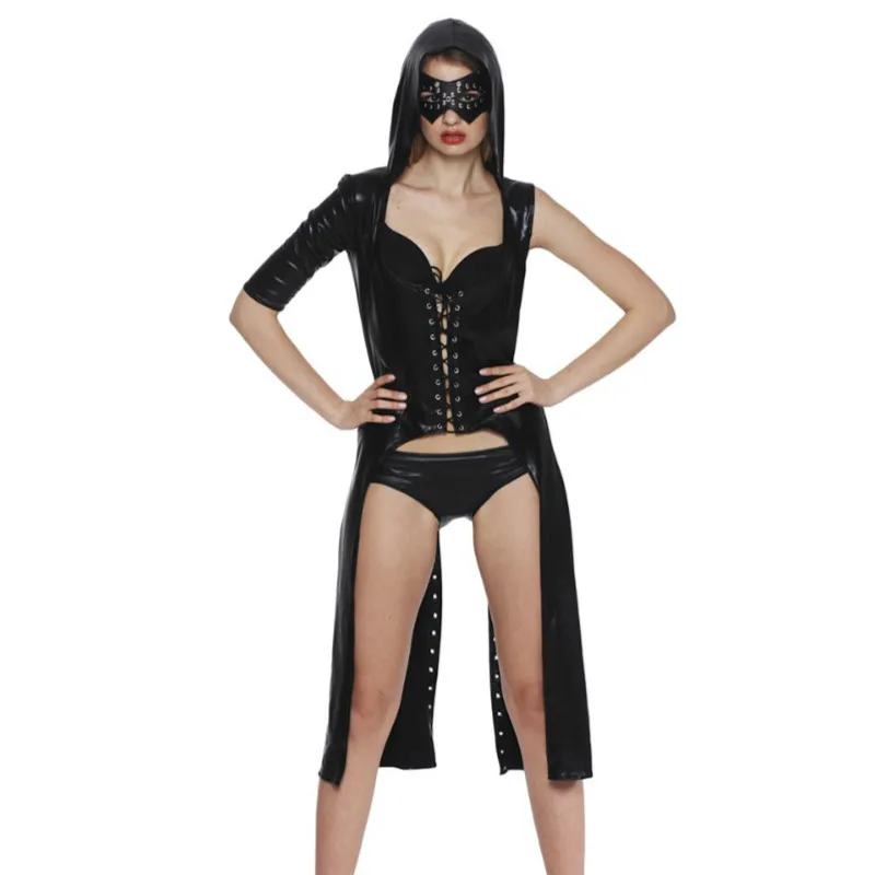 

Sexy jurk Latex Uniform Party Black Hooded Set Halloween Clubwear One-schouder Hollow Out Kostuums