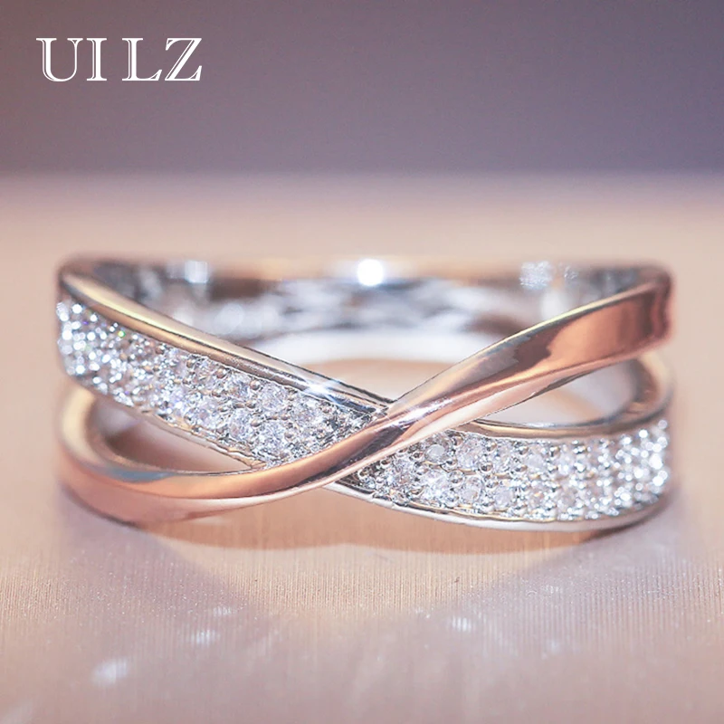 

Uilz Delicate High Quality Micro Paved Cubic Zirconia Rings for Women Bright Crystal Cross Two Tone Party Jewelry Accessories