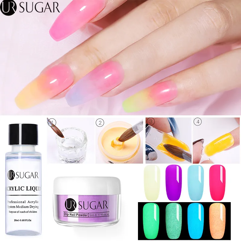 UR SUGAR, 5 мл, светящийся набор порошка для ногтей, для вырезания, удлинение французских ногтей, полимерный порошок, градиент, растут в темноте, украшение