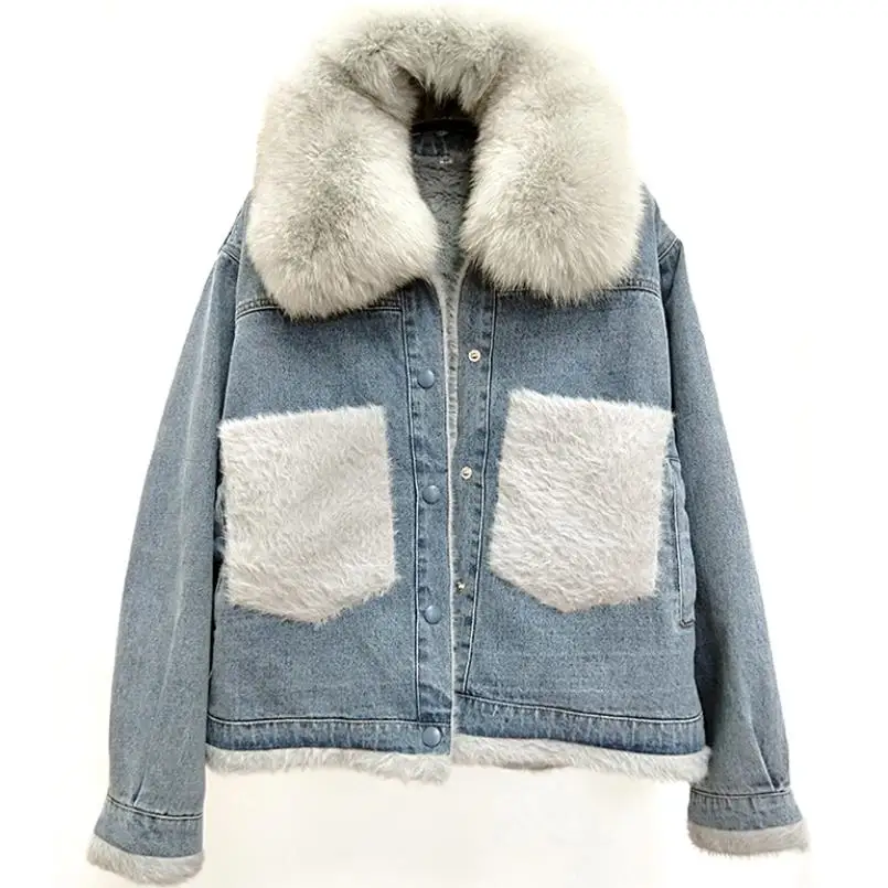 

velvet thick denim jacket female winter big fur collar lamb coat female coat
