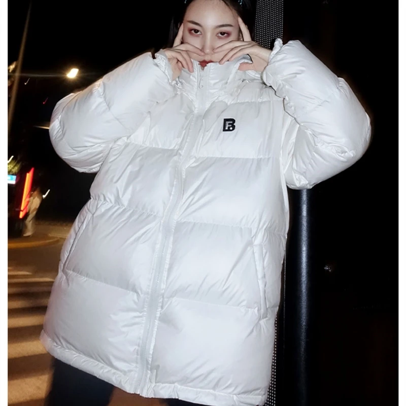 

Jacket 2021 Winter Casual Style Women Stand Collar Solid Black White Female Down Coat Loose Oversized Womens Short Parka