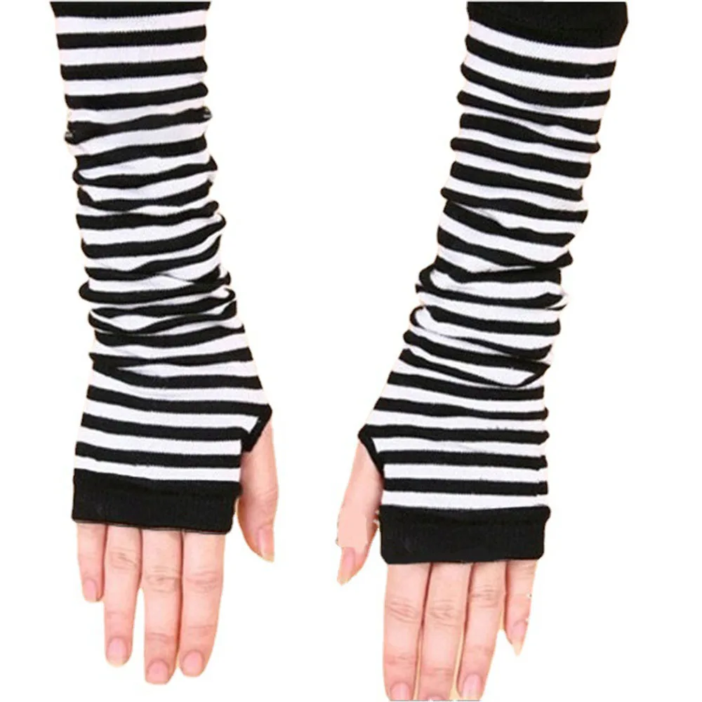 

2021 New 1pair Women Long Fingerless Gloves Fashion Striped Elbow Gloves Knit Mittens Work Gloves