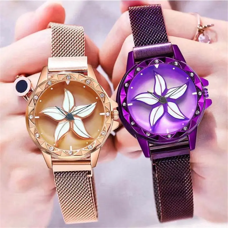 

Новые магнитные звездное небо женские часы, женские часы с цветочным узором, специальный дизайн, вращение на 360 градусов, кварцевые часы, рос...