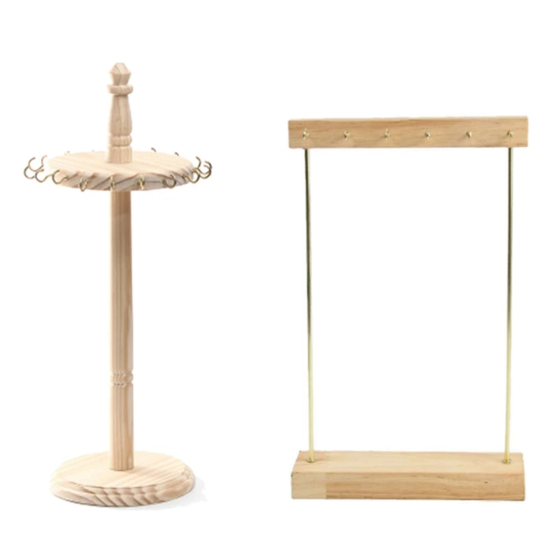 

2 Pcs Wooden Jewelry Organizer Holder Rack with Hooks Shelf, A & B