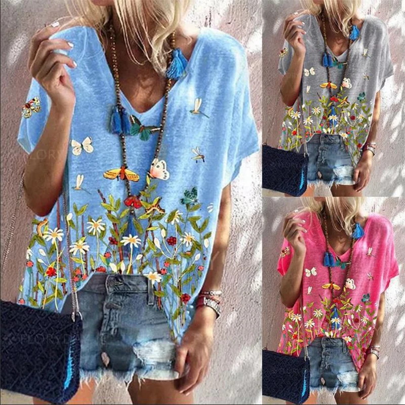 

2021 Fashion Summer Pullover Women's Floral Print Short Sleeve Loose Tops Plus Size Casual Basic T-shirt