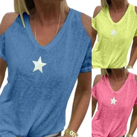 women summer cold shoulder star print plus size t shirt v neck solid color top female casual short sleeve beach tee shirt