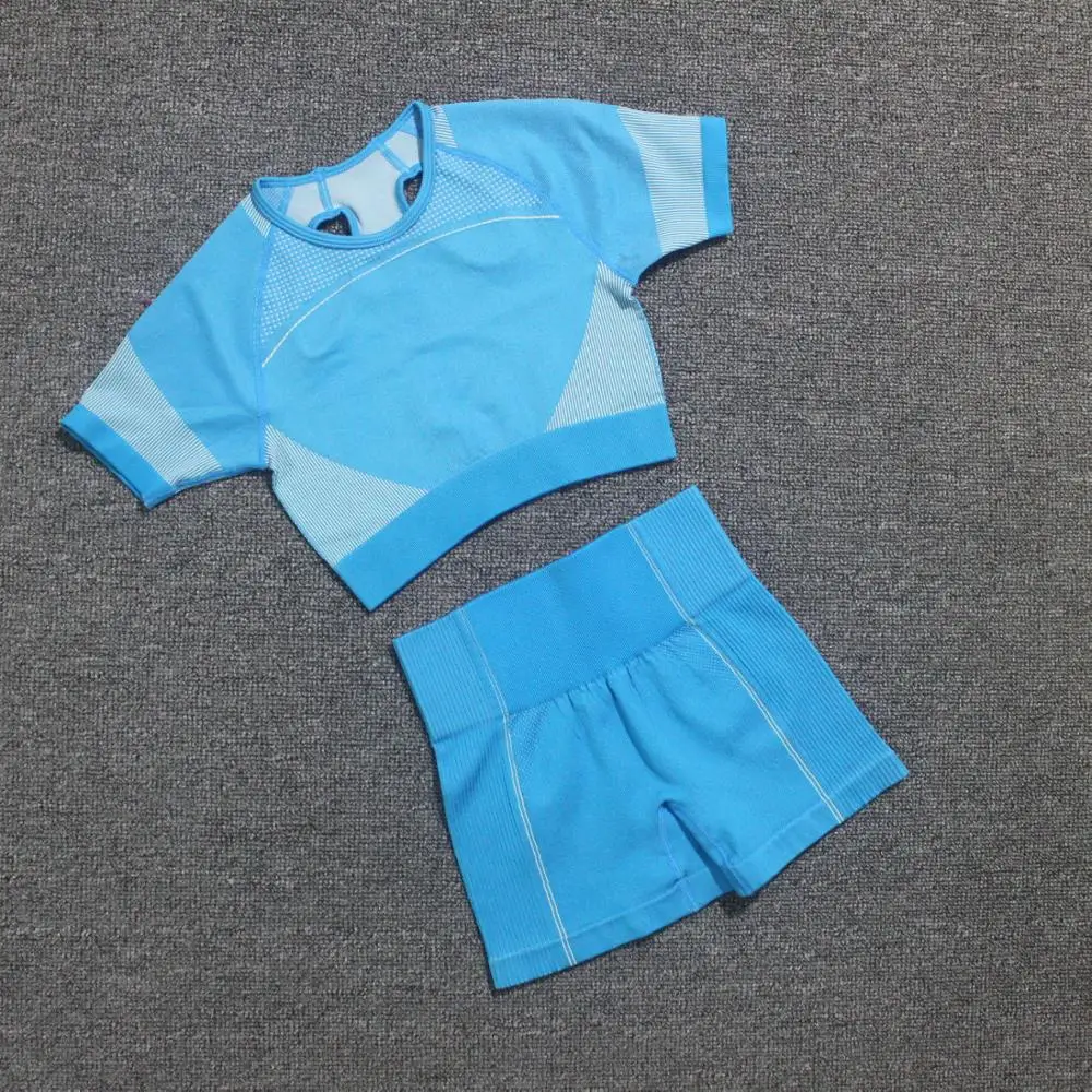 

Seamless Gym Set Workout Clothes Women Short Sleeve Crop Tops Fitness Shorts Sports Wear Gym Clothing Athletic Yoga Sport Set