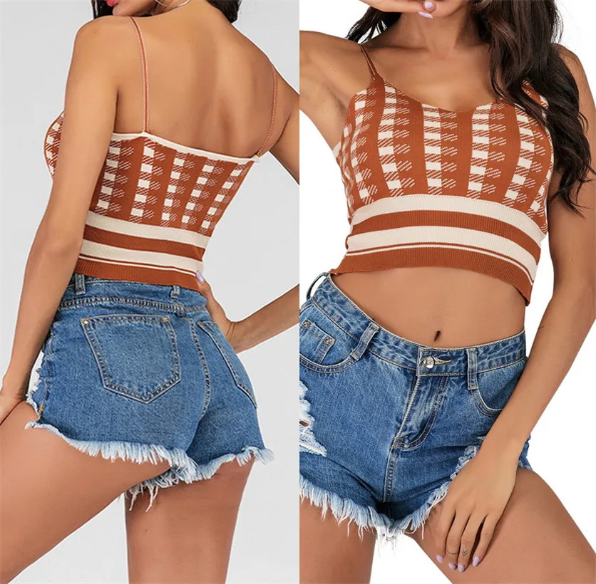 

Summer Women's Fashion Cool Retro Plaid Top Print Sleeveless Vest Suspender Vest Women's Knitting Top