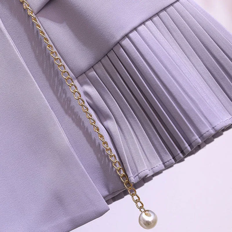 

Korean Style Blazer Dress Women With Belt Plus Size 5xl Double Breasted Pleated Dresses Summer Chic Short Sleeve A-Line Dress