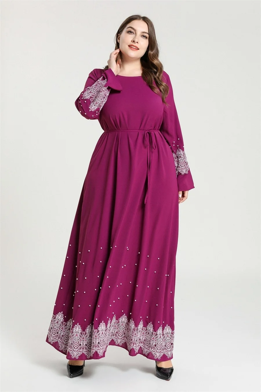

Dignified Plus Size Women's Long Dress Elegant Embroidery Beading Belt Maxi Dress Long Sleeve Fashion Swing Woman Muslim Dress