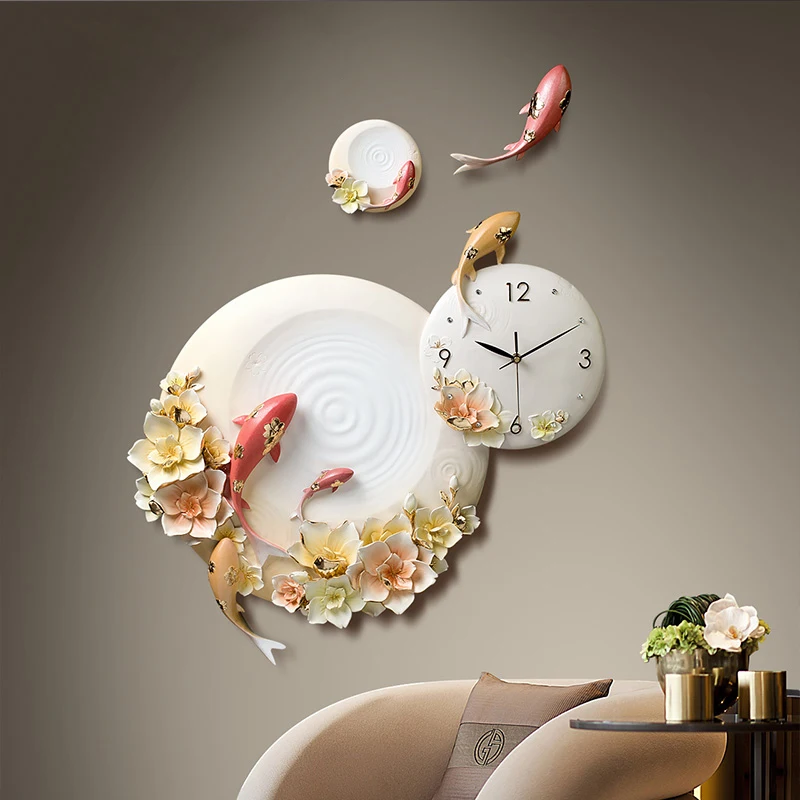 

Luxury Personality Embossed Wall Clocks Home Livingroom 3D Wall Fish Flowers Mural Resin Clock Wedding Decoration Crafts Art