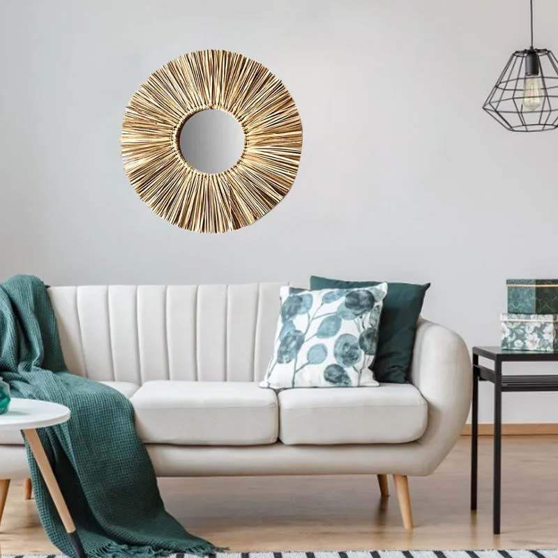 

Home Straw Plaited Art Living Room Nordic Style Makeup Decorative Mirror Wall Hanging Bedroom Bathroom Photography Prop