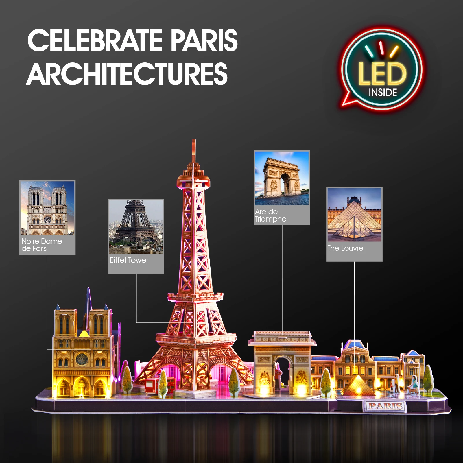 CubicFun 3D Puzzles LED France Paris Cityline Model Kits Eiffel Tower Notre Dame de The Louvre Building for Adults Kids |