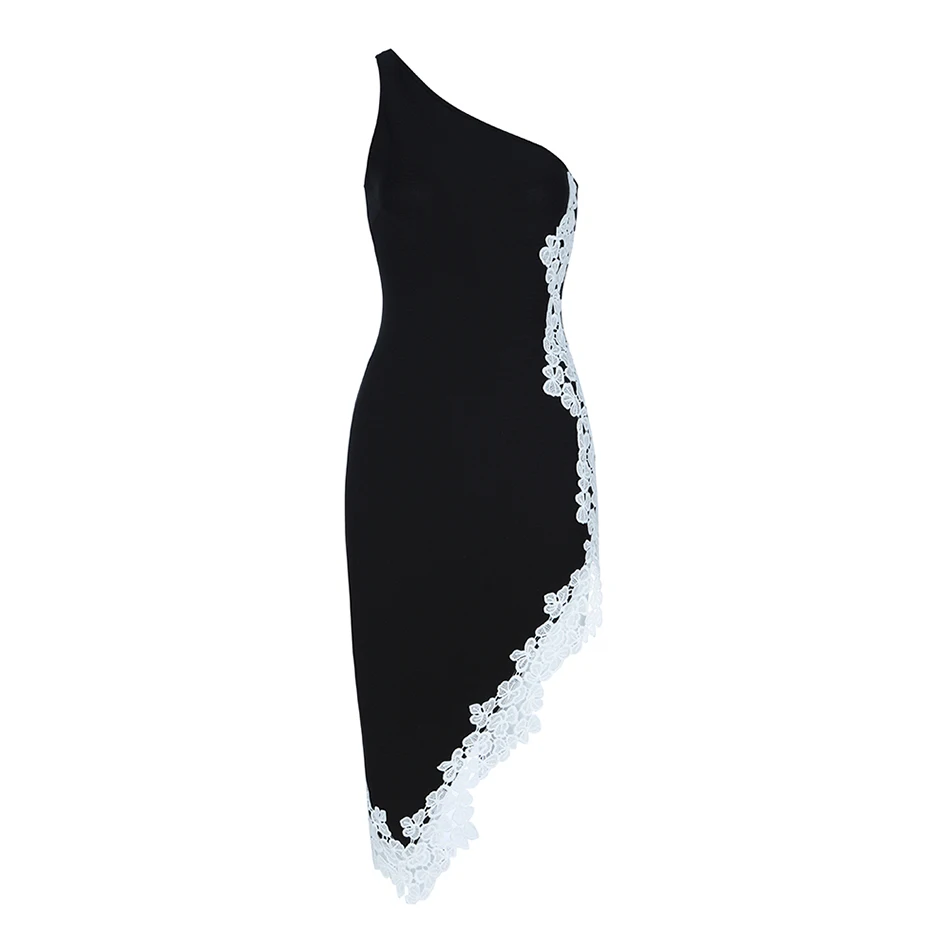 Женское облегающее платье на одно плечо черное Клубное с кружевным жилетом