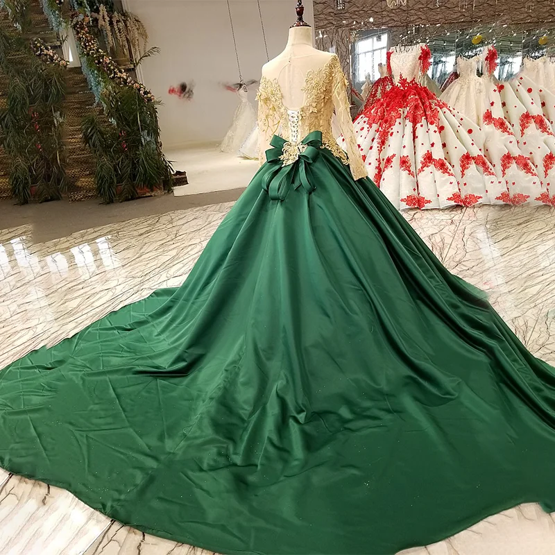 LS39541 длинное рукав зеленое вечернее платье A line зашнуруйте назад атласное