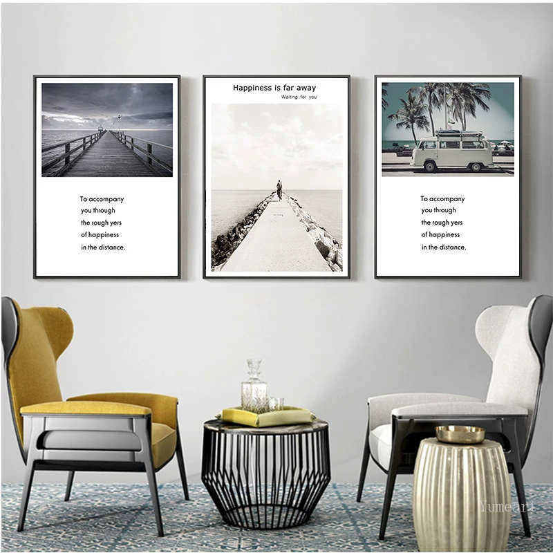 Скандинавский постер на холсте с изображением деревянного моста и автомобиля