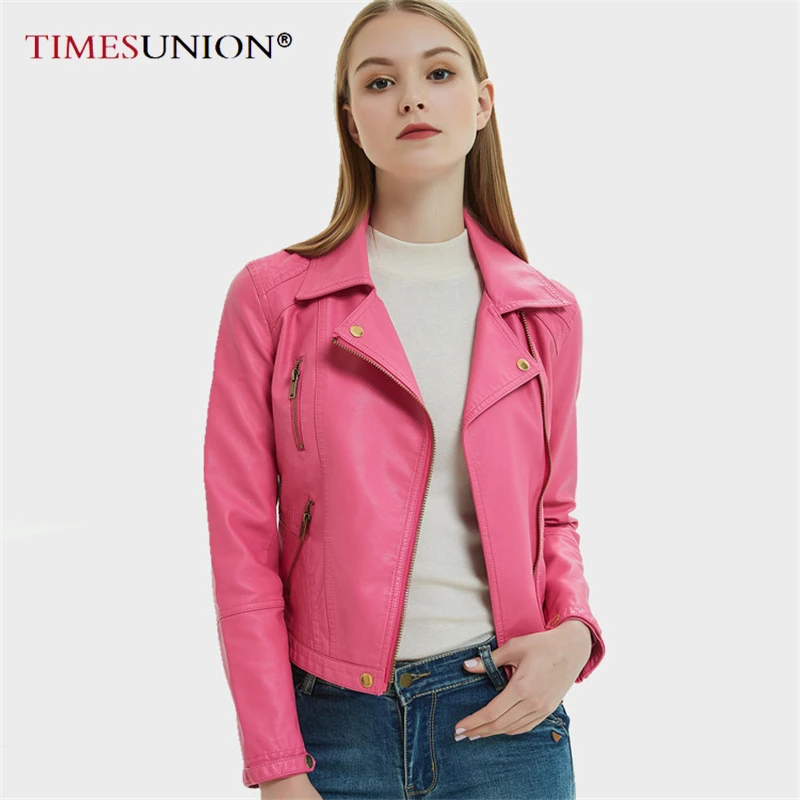 

2021 New Autumn Women PU Leather Jacket Turn-Down Collar Women's Moto Biker Zipper Jacket Slim Pink Black Faux Leather Outwear