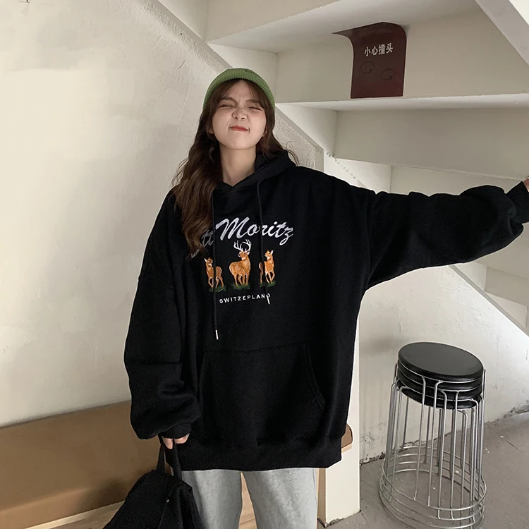 

XZ2959 2021 новый стиль плюс бархатная утолщенная вышитая надпись в стиле оленя свободные универсальные толстовки в студенческом стиле