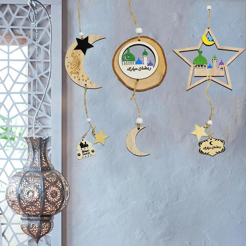 

1Pc Wooden Eid Mubarak Star Moon Mosque Home Hanging Ornament Pendant Islamic Muslim Prayer Festival Supplies 2021