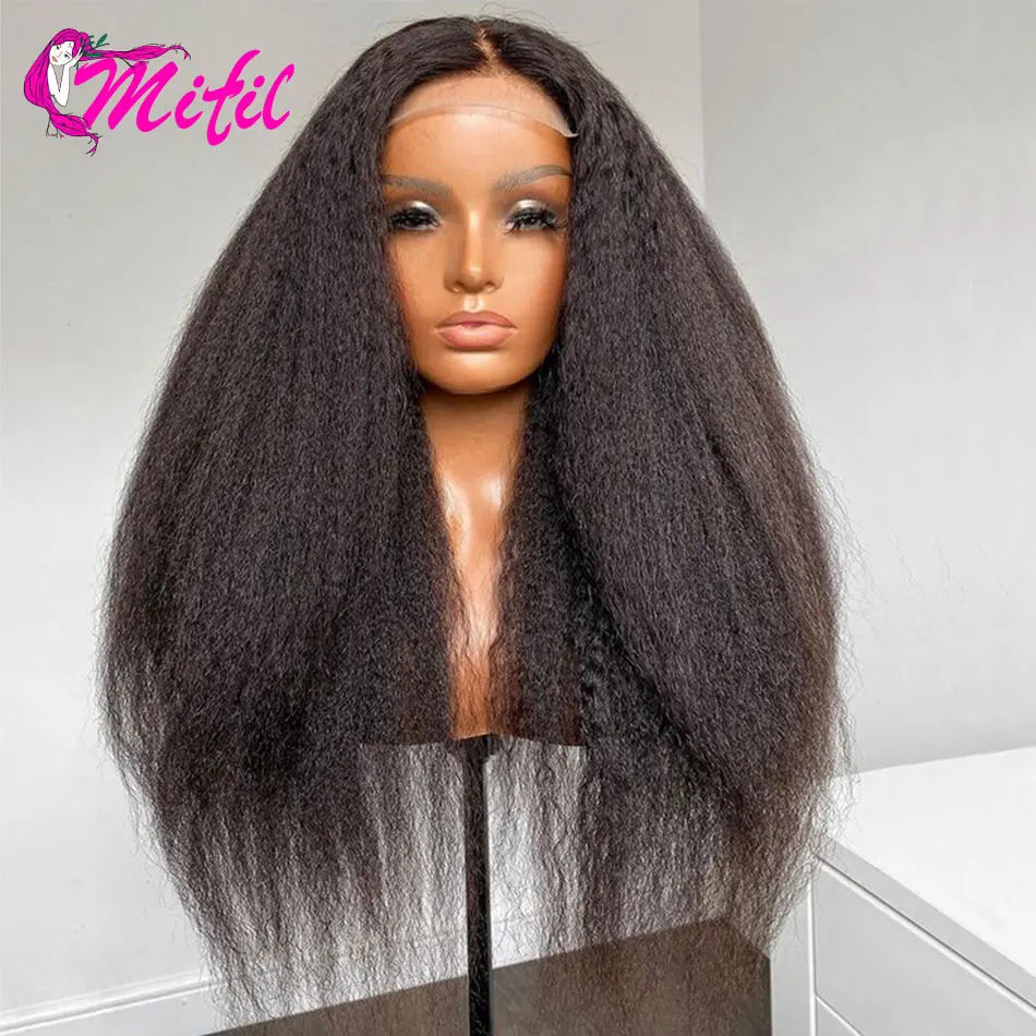 

Kinky Straight Wig 180% Brazilian Human Hair Lace Front Wig 10-30 32 Inch Remy Hair 4x4 Closure Wig Yaki Straight Wig for Women