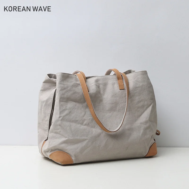 

Japanese and Korean women's canvas bag solid color zipper single shoulder bag large capacity soft handle casual handbag