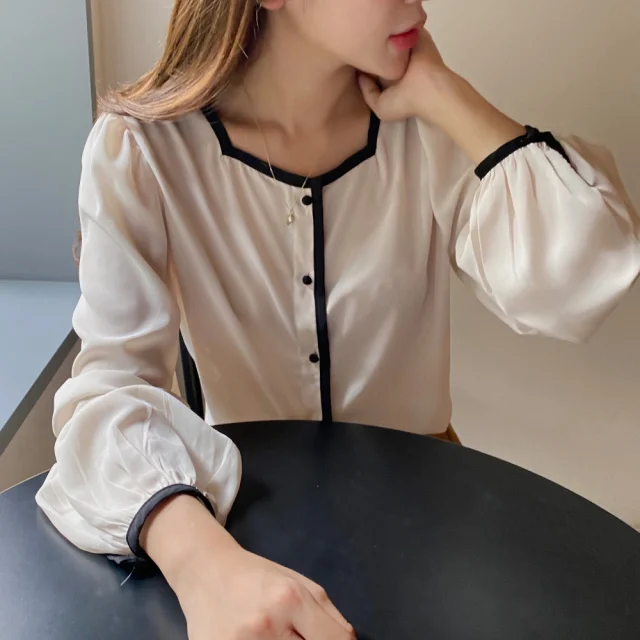 

2021 Retro Women Spring Shirts Solid Color Puff Sleeve Square Collar Slim Blouses Tops Fashion Ladies Korean Style Shirt