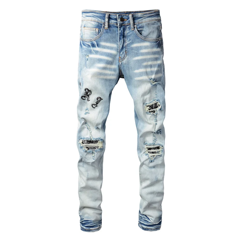 High Street Fashion Men Jeans Light Blue Elastic Slim Fit Ripped Jeans Men Patch Designer Hip Hop Destroyed Punk Denim Pants