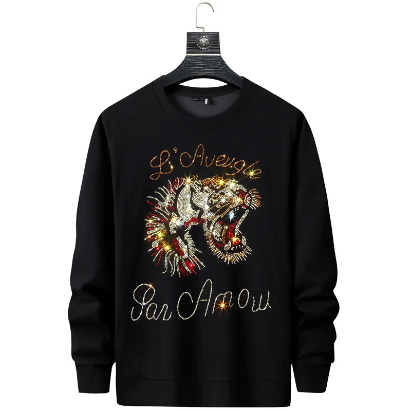 

Men 2021 Tiger Rhinestones Hoodie Sweatshirt Fashion Streetwear Full Pullover Hoodie Slim Rib O Neck Cotton Mens Autumn Clothes