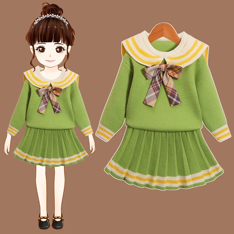 

Spring Children's Knitwear Cardigan Skirt Two-piece Set Girls Outfits for 4-9 Years Old Kids Bowknot Sweater for Girls