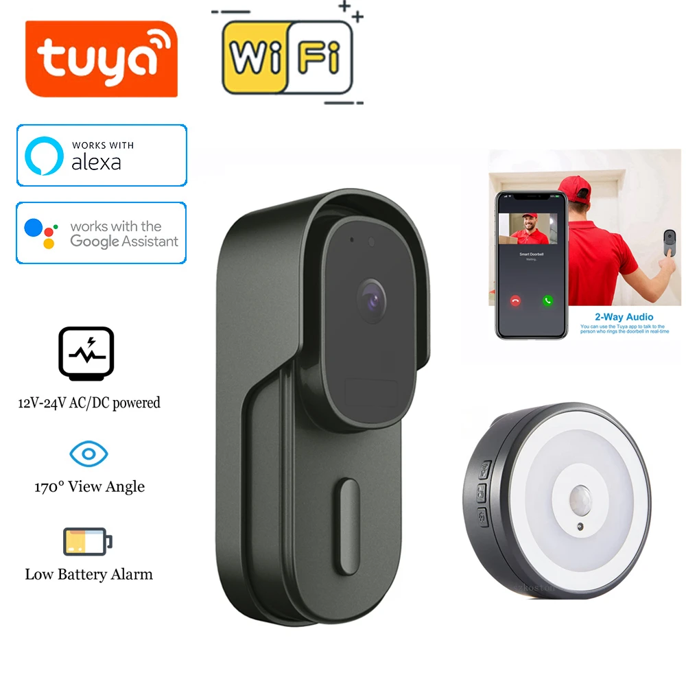 Tuya Video Doorbell Wireless Doorbell Tuya App Intelligent Home Waterproof Button LED Light Smart Door bell Support Alexa Google