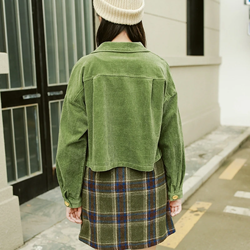 

Corduroy Jacket Woman Lapel Long Sleeve Single-Breasted Short Coat Teens Casual 2021 New Fashion Spring Autumn Simple Jacket