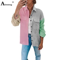 aimsnug long sleeve women fashion demin jackets stand collar patchwork top streetwear mujer 2021 single breasted jean outerwear