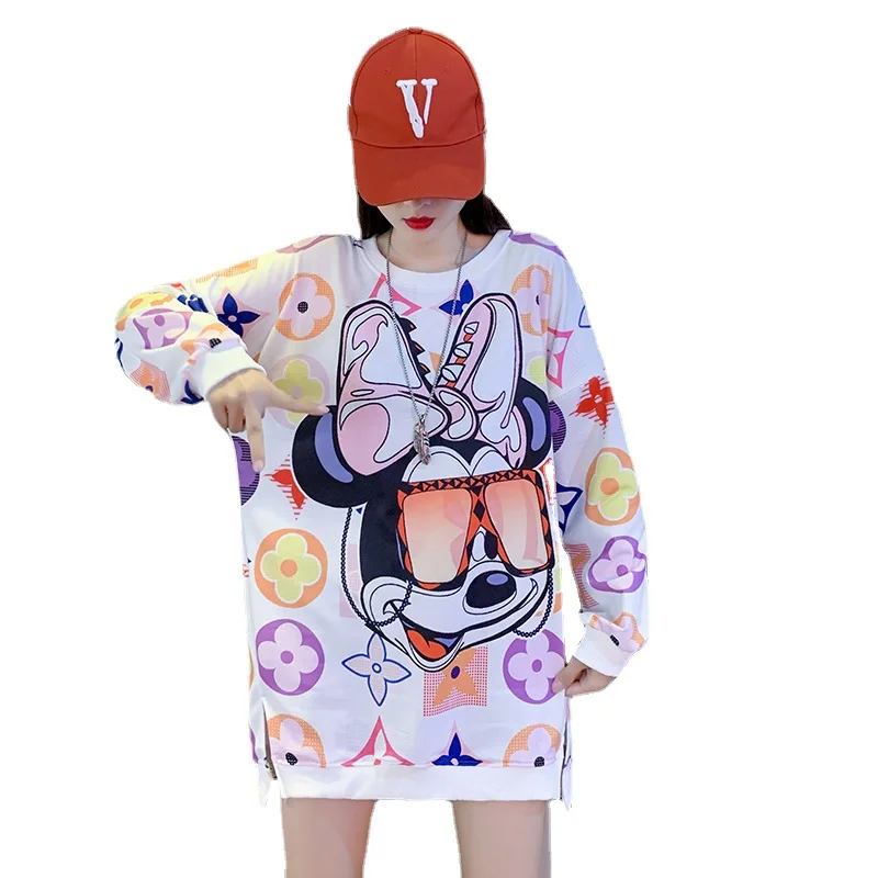 

Disney Women's Fall/Winter Prom Mickey Minnie Print Long Sleeve Turtleneck Loose Round Neck Mid-length T-Shirt Dress Base Shirt