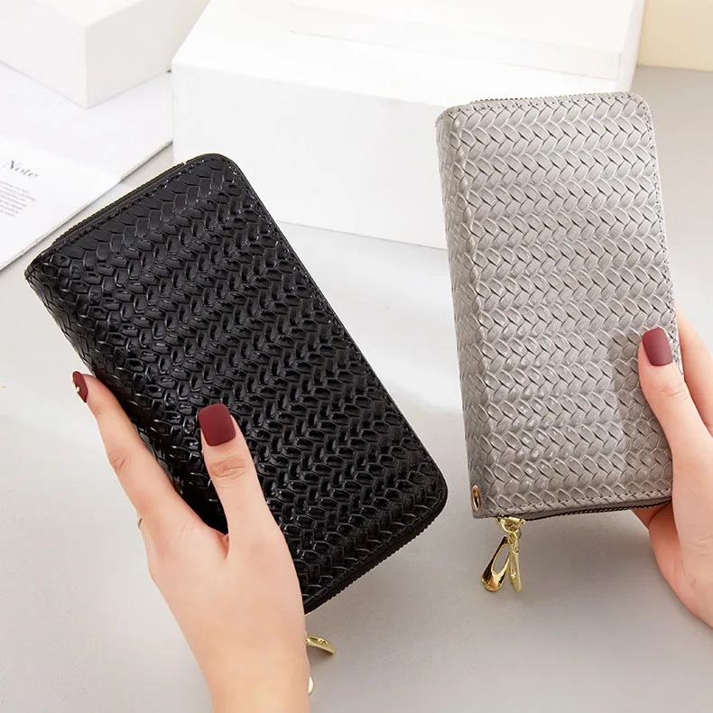 Business Female Clutch Bag Women Fashion Woven Leather Wallet Double Layer Casual Coin Purse Phone Pocket Passport Card Holder