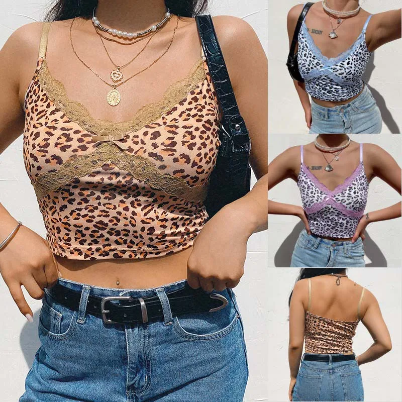 

Женский топ без рукавов с кружевными краями и леопардовым принтом, сексуальное платье для вечеринки с v-образным вырезом, уличная одежда, ук...