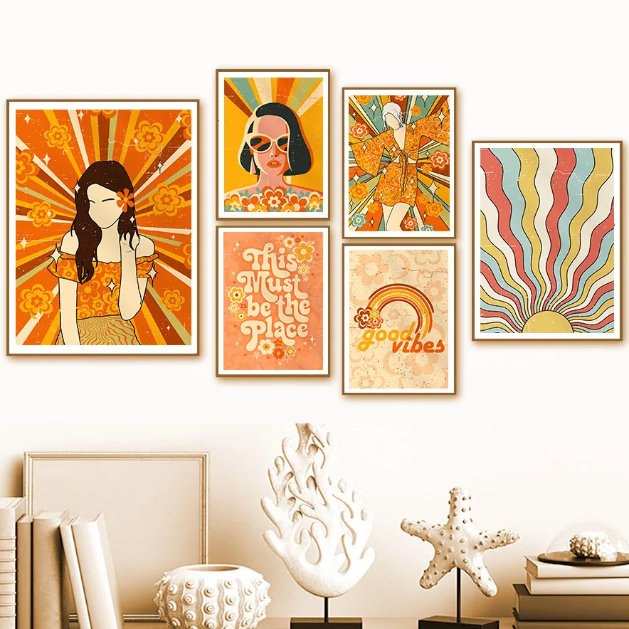 

70s Vintage Girl Flower Sun Tarot Abstract Pictures Wall Art Canvas Painting Nordic Posters Aesthetic Prints Living Room Decor