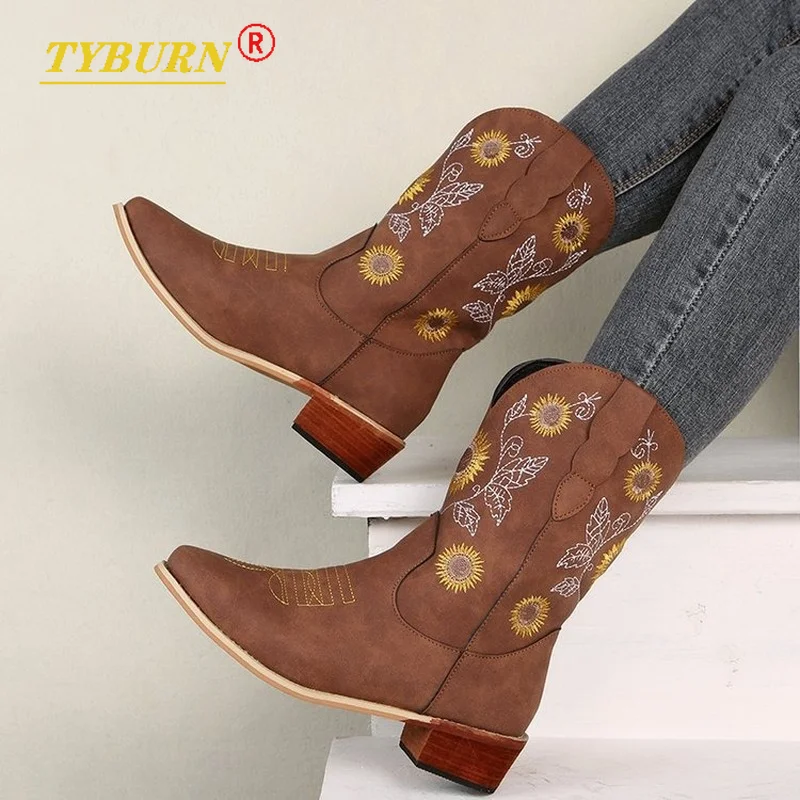 

Fashion Pointed Boots Winter New Women's Shoes Western Cowboy Style Fashion Handsome Retro Little Lady Printed Boots Size 35-43