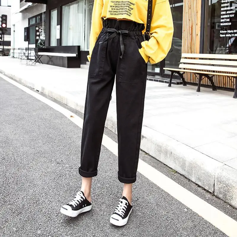 

High Waisted Denim Jeans Elastic Waist Spring Autumn Korean Style Lace-up Loose Straight Black Capri Pants Women Baggy Jeans