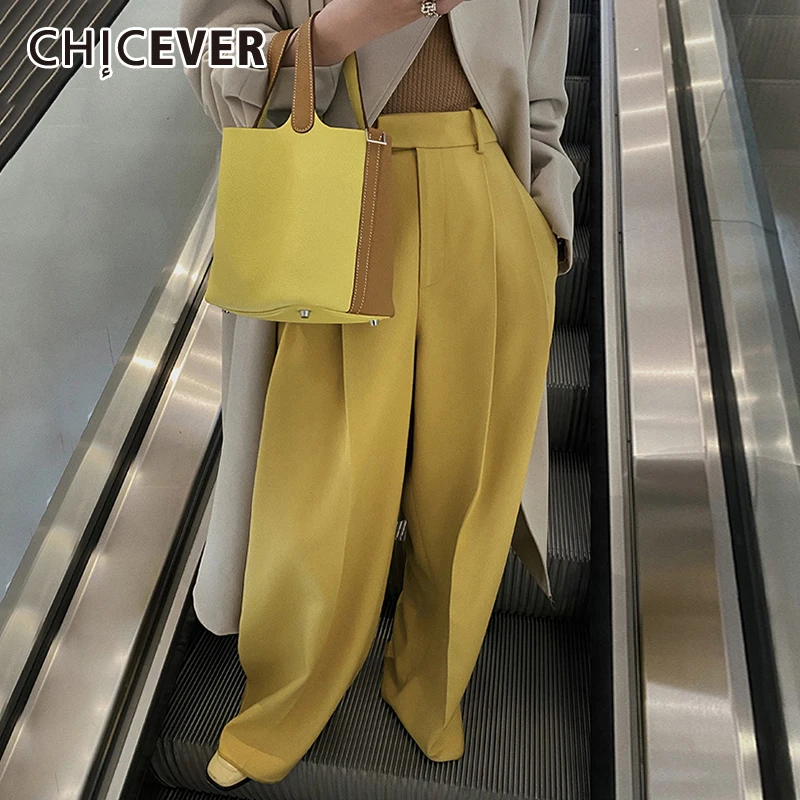 

CHICEVER однотонные длинные брюки для женщин с высокой талией и пуговицами повседневные черные дизайнерские брюки с рюшами Женская одежда 2022 В...
