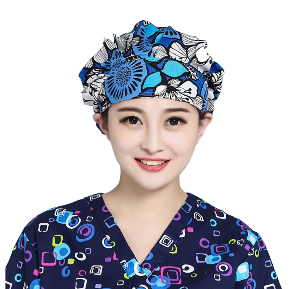 

Scrub Hats Women Hair Cover Flower Printed Cotton Floral Print Scrub Cap Salon Beautician Chef Dust Proof Bouffant Adjustable Ha