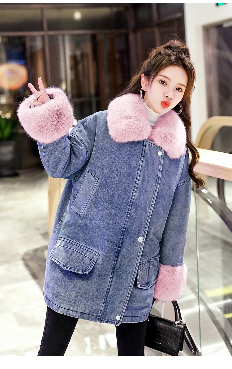2021 Basic Parkas Female Bomber Coat Parka Coats Outerwear Denim Jacket Women Winter Casual Warm Jean Jacket With Fur