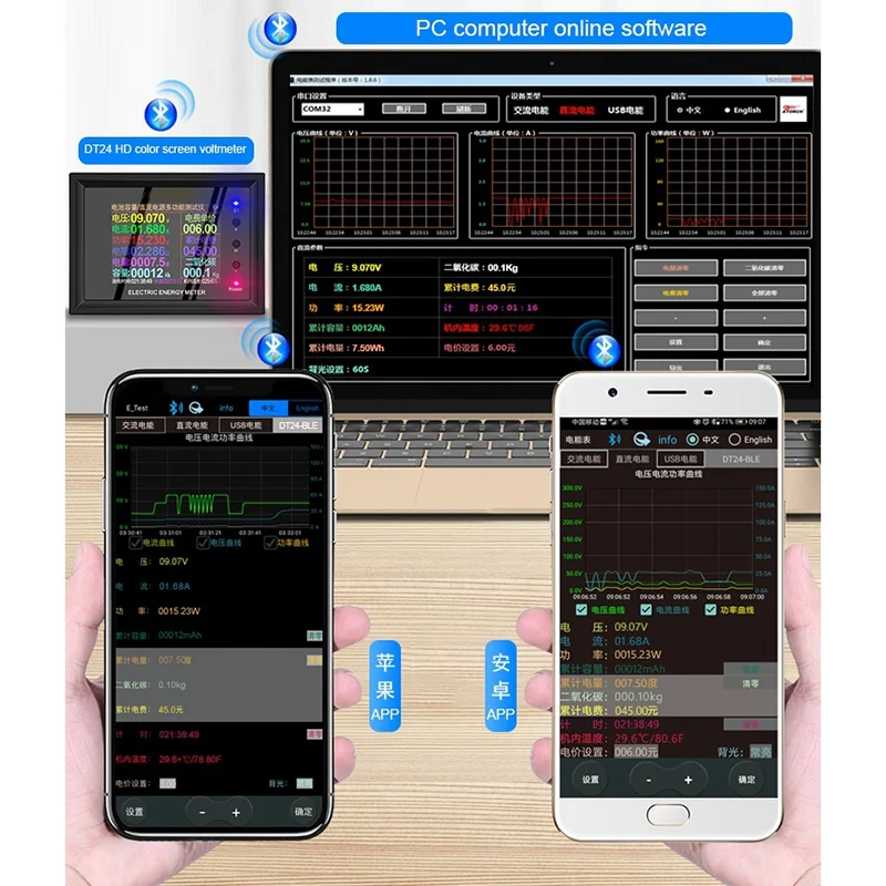 DT24 HD IPS Bluetooth цифровой дисплей DC Power APP Вольтметр Амперметр батарея ёмкость тестер