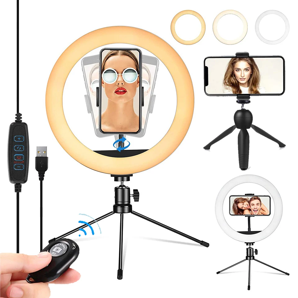 

Makeup Live YouTube 10" Fill Ring Lamp Selfie Circle Light Photography Ringlight LED Dimmable Tripod Stand Phone Holder