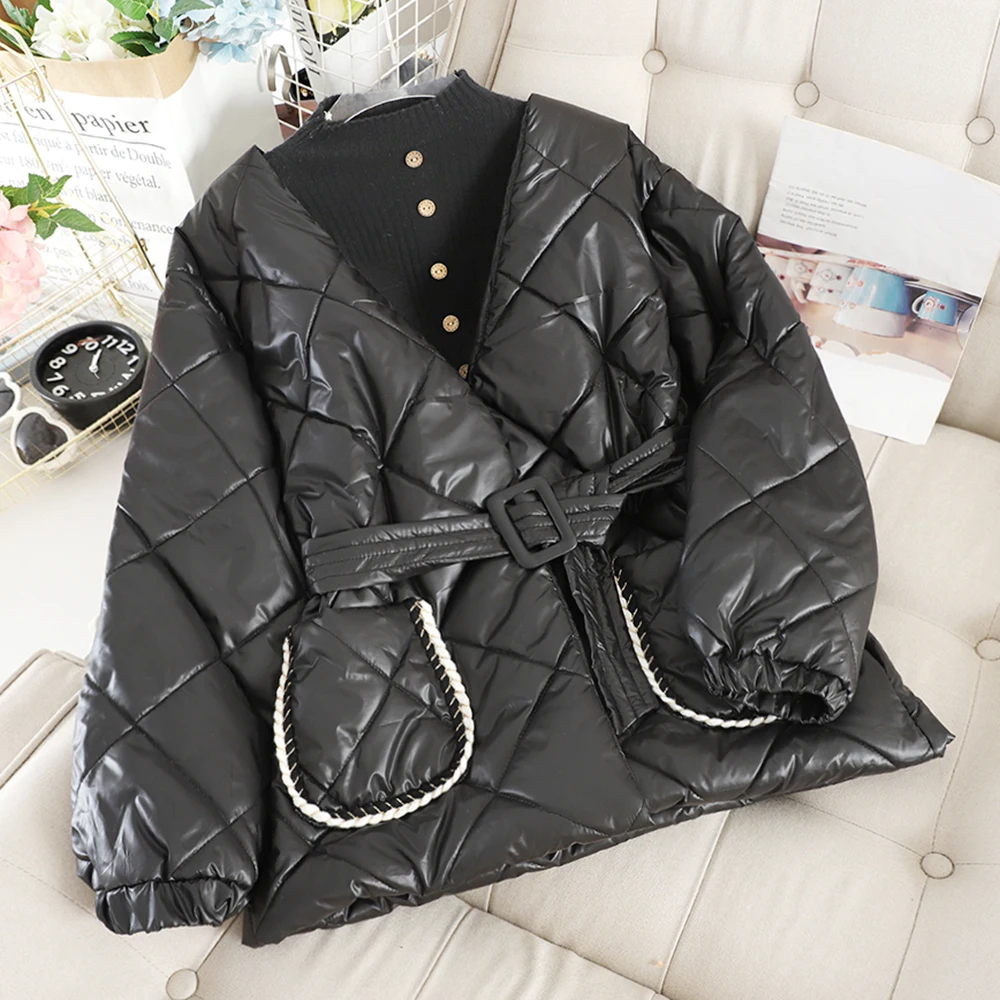 Осенне зимние новые элегантные парки с v образным вырезом и поясом женская