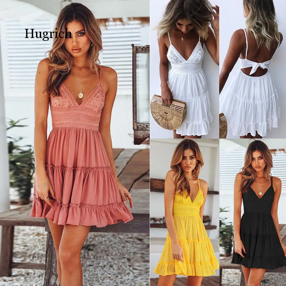 

New Women Summer Black Backless Layers Sweet Boho Short Mini Dress V Neck High Waist Evening Party Beach Dresses Sundress