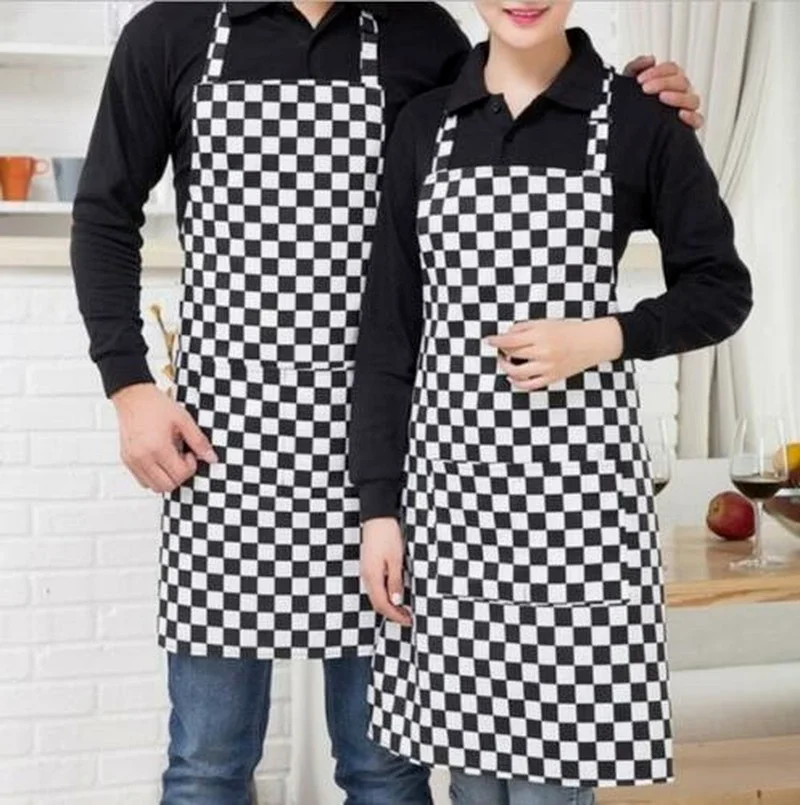 

Unisex Chef Aprons Catering Cooking Home Pepper Pattern Kitchens with Pocket Cleaning Brief Black and White Plaid Clothes