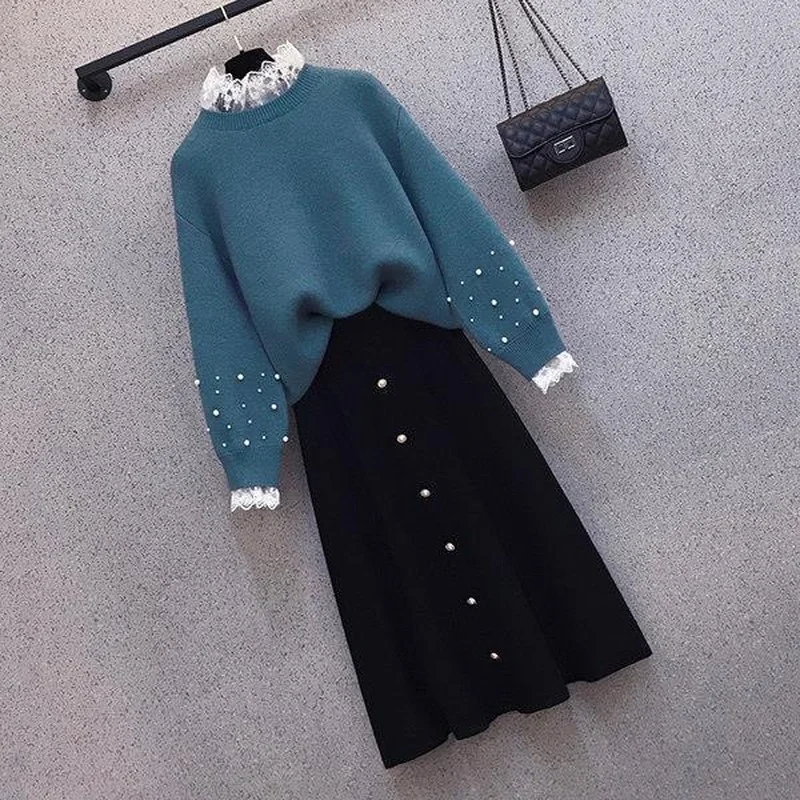 

2023 Autumn Winter Korean Knitted Two Piece Sets Women Long Sleeve Sweater + Elastic Waist Knit Skirt Suits Womens Outfits X114